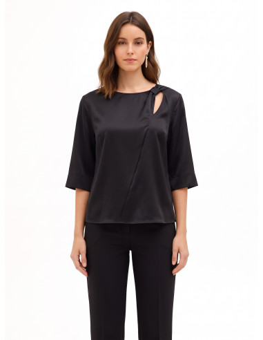 Rinascimento Loose-Fitting Satin Blouse with Cut-Out and Gathered Detail on One Shoulder