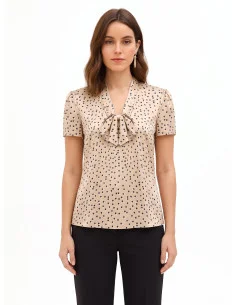 Double-Polka-Dot Satin Blouse with V-Neck and Rinascimento Bow