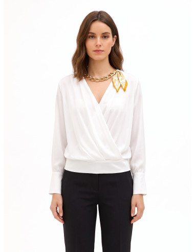 Loose-fitting blouse in matt satin with a crossover V-neck and a Rinascimento-style necklace featuring a foulard and chain
