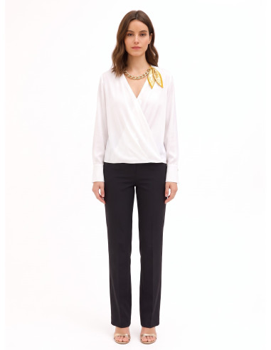 Loose-fitting blouse in matt satin with a crossover V-neck and a Rinascimento-style necklace featuring a foulard and chain