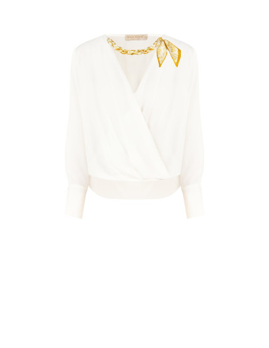 Loose-fitting blouse in matt satin with a crossover V-neck and a Rinascimento-style necklace featuring a foulard and chain