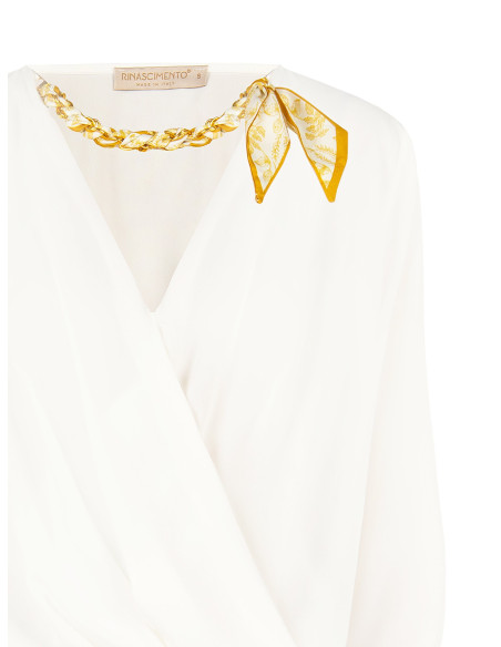 Loose-fitting blouse in matt satin with a crossover V-neck and a Rinascimento-style necklace featuring a foulard and chain