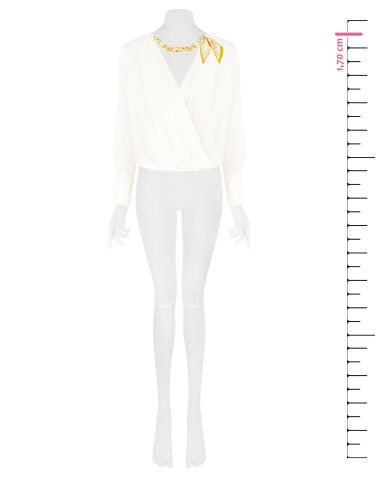 Loose-fitting blouse in matt satin with a crossover V-neck and a Rinascimento-style necklace featuring a foulard and chain