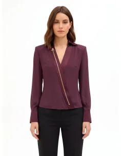 Fitted Georgette Blouse with V-neck, Satin Collar and Rinascimento-style Straps