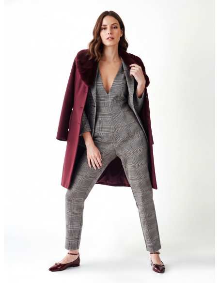 Long, Fitted Velour Coat with a Detachable Faux Fur Collar and a Faux Leather Belt by Rinascimento