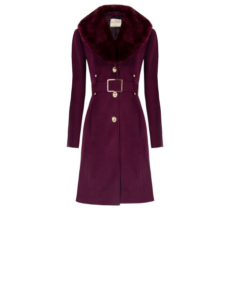 Cappotto Lungo Sfiancato In Velour Con Collo In Pelliccia Sintetica Removibile E Cintura In Similpelle Rinascimento