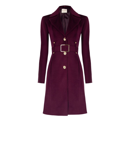 Long, Fitted Velour Coat with a Detachable Faux Fur Collar and a Faux Leather Belt by Rinascimento