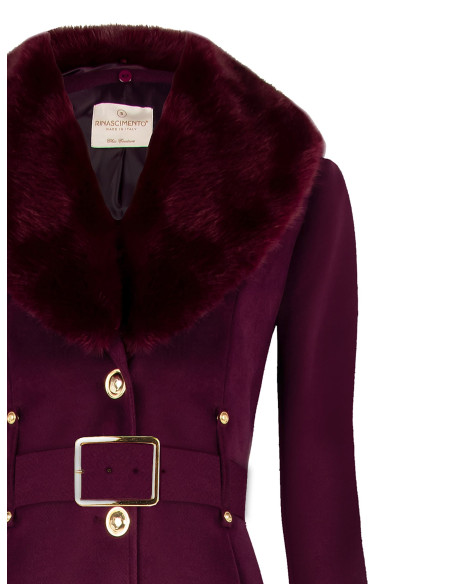 Cappotto Lungo Sfiancato In Velour Con Collo In Pelliccia Sintetica Removibile E Cintura In Similpelle Rinascimento