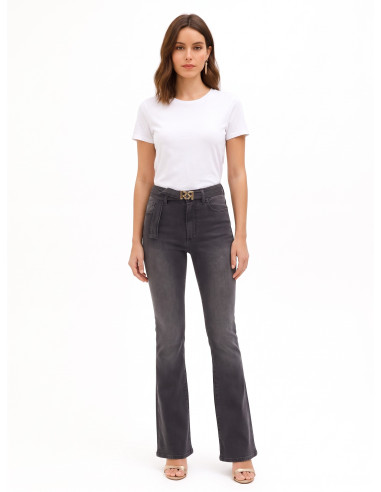 Jeans Flare Elasticizzati Con Cintura Coordinata E Fibbia Logo Rr Rinascimento