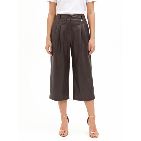 Rinascimento Cropped Faux Leather Trousers with Double Pleats