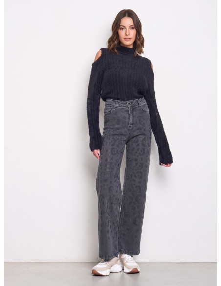 Straight-leg jeans with a gradient effect and a leopard-print rhinestone design on the front – Rinascimento