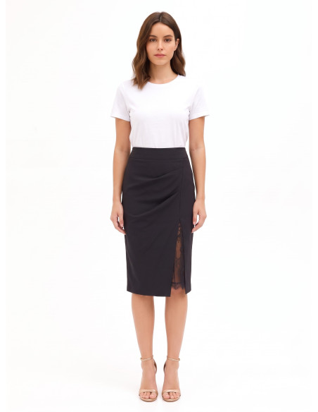 Cadi-fabric sheath skirt with a slit and a Rinascimento-style lace insert