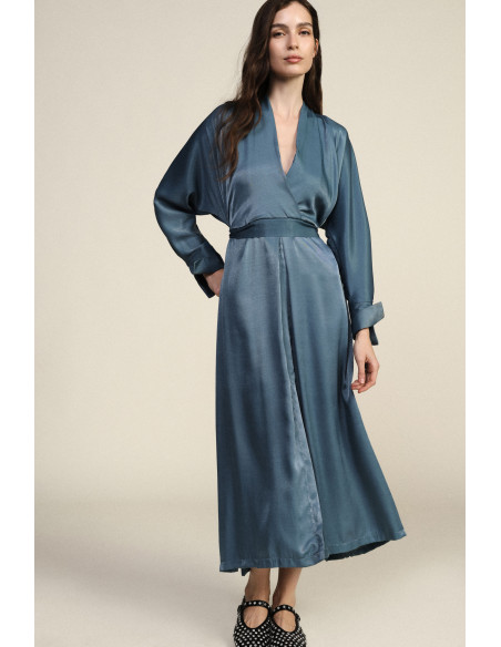 Robe longue évasée avec ceinture et manches longues Dixie - Denim