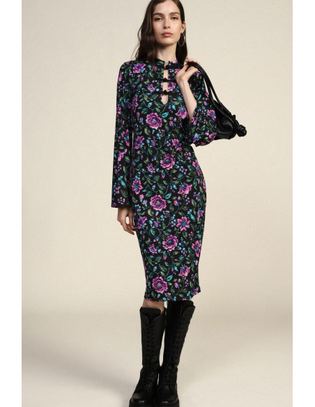 Robe midi à motif floral avec fermeture à brandebourgs Dixie