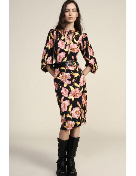 Abito Midi Stampa Floreale Maniche 3/4 Scollo A V Dixie