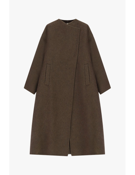 Long Coat with Asymmetrical Closure and Pockets Dixie - Brown