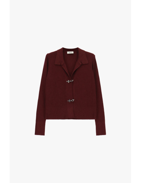 Ribbed Cardigan with Collar and Metal Hooks Dixie - Burgundy