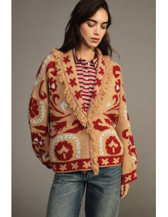 Jacquard Patterned Cardigan with Fringing and Long Sleeves Dixie – Burgundy 2