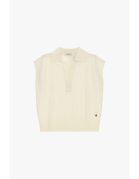 Maglione Smanicato Con Collo Polo E Orlo A Costine Dixie - Panna Bianco