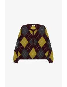 Diamond-Patterned Crew-Neck Sweater with Front Buttons Dixie - Wine