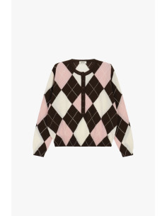 Diamond-Patterned Crew-Neck Sweater with Front Buttons Dixie - Wine 2