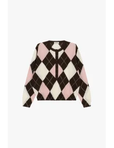 Diamond-Patterned Crew-Neck Sweater with Front Buttons Dixie - Wine 2