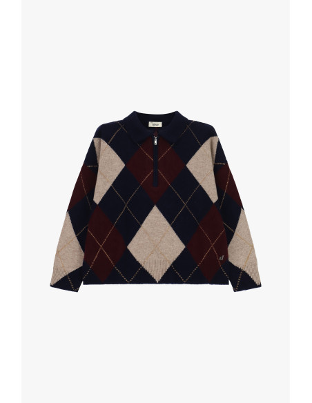Maglione Pullover Jacquard Rombi Con Zip E Colletto Dixie - Blue