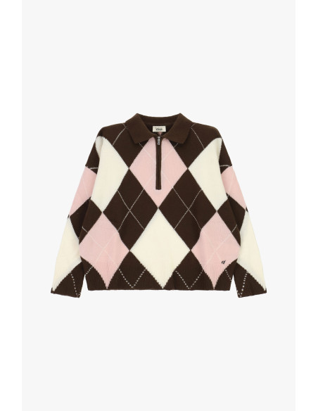 Pull jacquard à losanges avec fermeture éclair et col Dixie - Marron