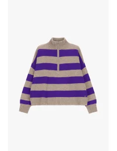 Striped Sweater with Zip and High Neck Dixie - Beige