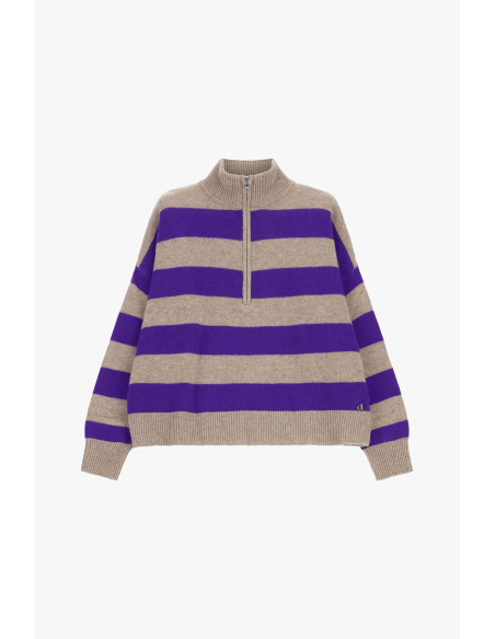 Maglione A Righe Con Zip E Collo Alto Dixie - Beige