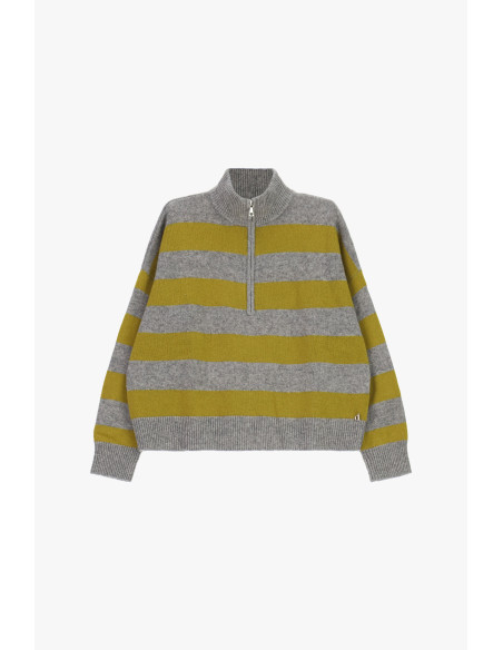 Striped Sweater with Zip and High Neck Dixie - Grey
