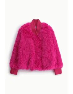 Eco-Short Faux Fur Jacket with Ribbed Cuffs and Collar Dixie - Fuchsia