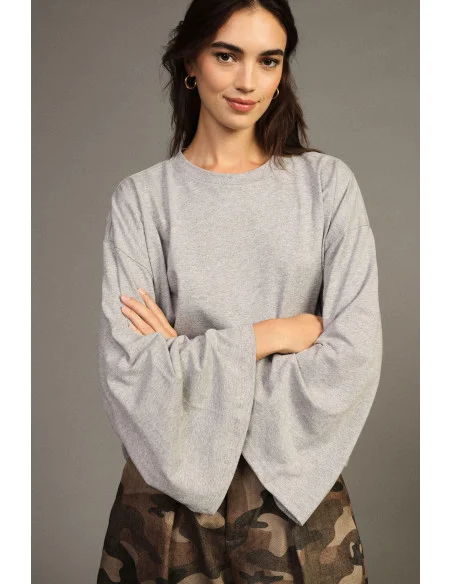 T-Shirt Manica Lunga Ampia Con Fondo Dritto Dixie - Grigio