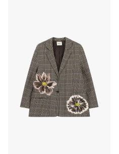 Check Pattern Blazer with Painted Flowers Dixie - Burgundy 2