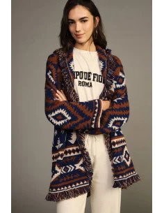 Fringed Poncho, Geometric Jacquard Pattern Dixie - Brick Red