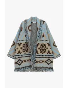 Fringed Poncho, Geometric Jacquard Pattern Dixie - Brick Red 2