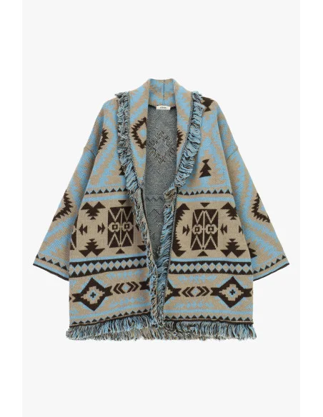 Poncho Con Frange, Fantasia Geometrica Jacquard Dixie - Beige