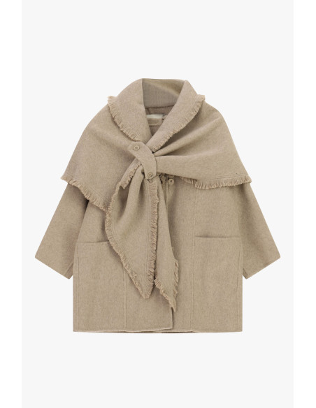 Short Coat with Fringed Scarf and Pockets Dixie - Light Grey