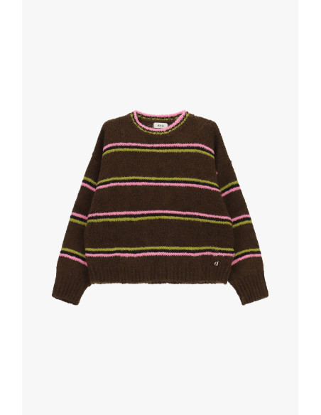 Pull multicolore à col rond rayé Dixie - Marron
