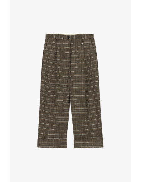Cropped Checked Trousers with Pleats and Turn-Up Cuffs Dixie - Brown