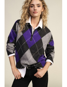 Maglione Pullover Jacquard Rombi Con Zip E Colletto Dixie - Grigio Scuro