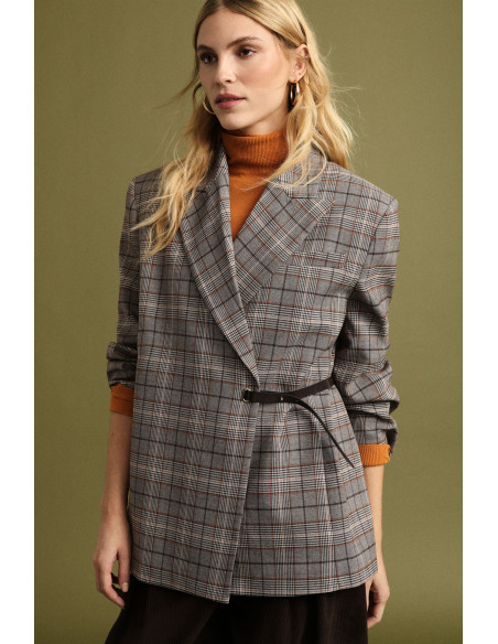Oversized Checkered Blazer with Side Belt Please