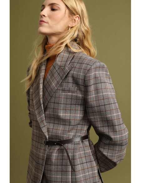 Oversized Checkered Blazer with Side Belt Please