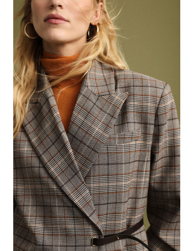 Oversized Checkered Blazer with Side Belt Please