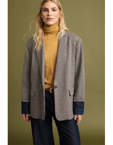 Blazer à carreaux avec revers en denim Please
