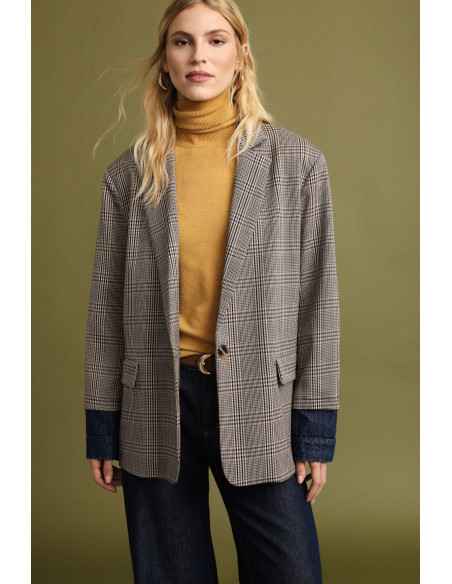 Blazer à carreaux avec revers en denim Please
