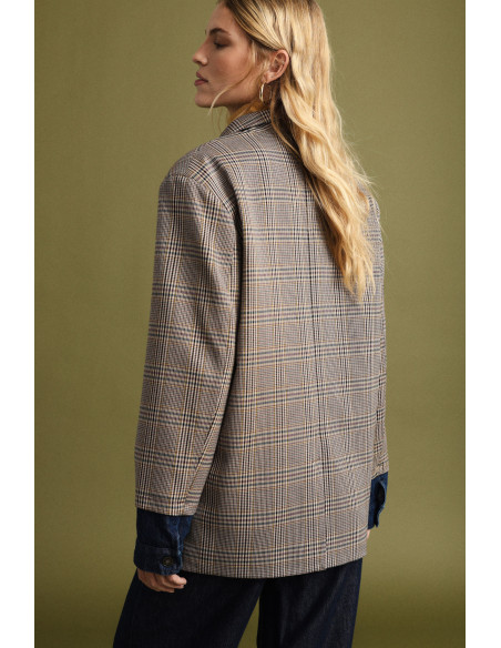 Blazer à carreaux avec revers en denim Please