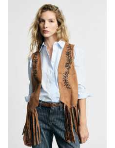 Gilet sans manches à franges et broderie Please
