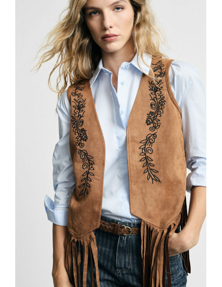 Gilet Senza Maniche Con Frange E Ricamo Please