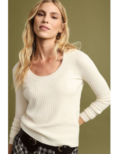 Pull côtelé à col rond et manches longues Please - Crème